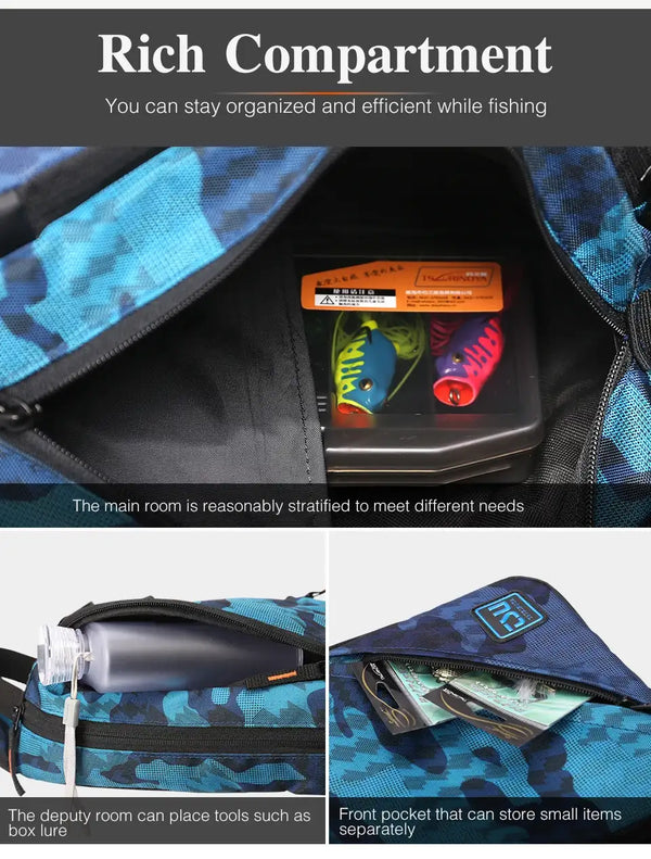 Blue camouflage tackle bag interior with separated compartments and lure storage pockets