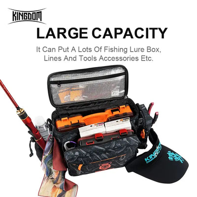Black tackle bag open to reveal orange lure organizer trays inside