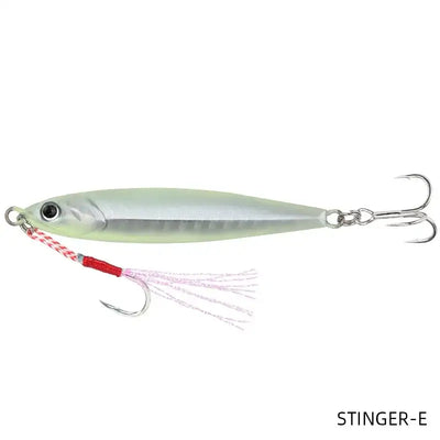 Fishing jig lure, silver shad body with red-white tinsel skirt and twin treble hooks (STINGER-E)