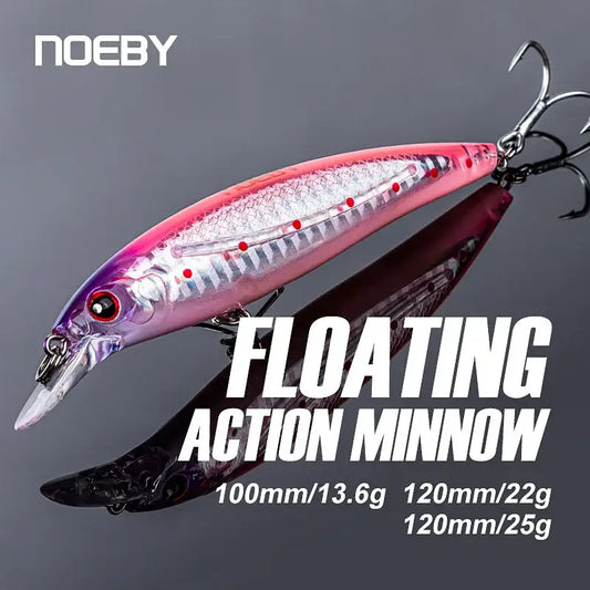 Floating minnow jerkbait lure in pink and purple with silver scales and treble hooks.