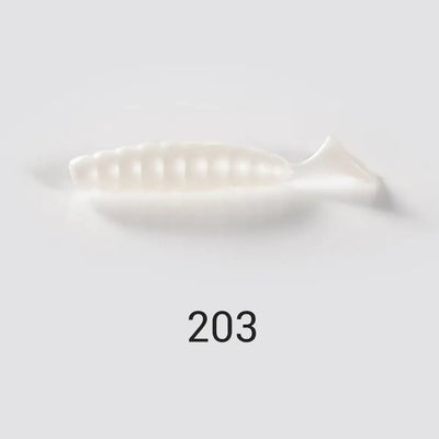 Artificial silicone ribbed grub swimbait, translucent white with segmented body and tail fin