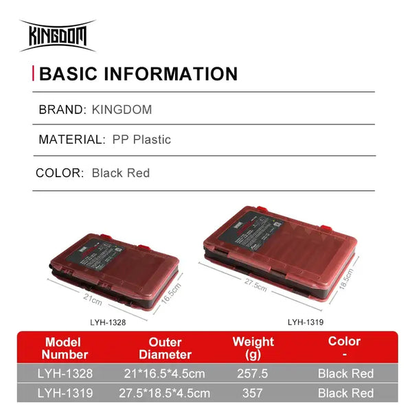 Black-and-red PP plastic fishing tackle box with front label and divided compartments