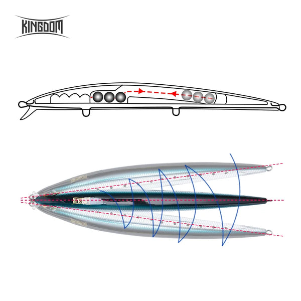 Long swimbait lure side diagram with hook positions and internal weight marks