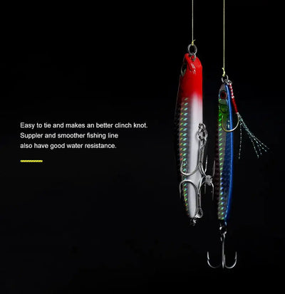 Braided fishing line lures with hooks and red, blue, and black line segments