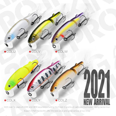 Set of jointed swimbait lures in multiple colors, each with two treble hooks