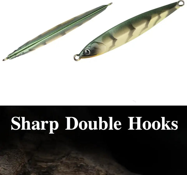 Two green metal fishing jig lures with double hooks, side-by-side product view