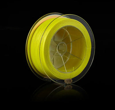 Light yellow braided fishing line spool with transparent center, reflective label