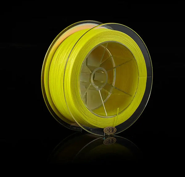 Light yellow braided fishing line spool with transparent center, reflective label