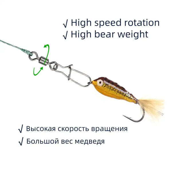 Stainless steel rolling swivel snap connector attached to fishing lure on line