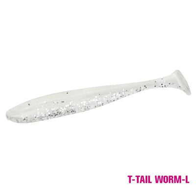 Artificial soft T-tail lure, white translucent with silver glitter speckles