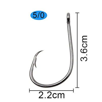 5/0 barbed circle fishing hook, silver curved single hook with arrow barb
