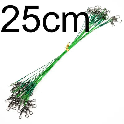 Green steel fishing wire leader set with swivels, bundled leaders, about 25 cm length.