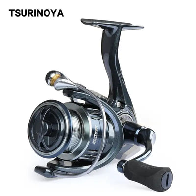 Black and silver spinning reel with curved handle and metal spool