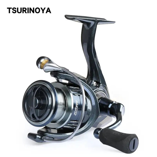 Black and silver spinning reel with curved handle and metal spool