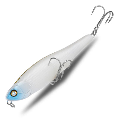 Topwater pencil fishing lure with white body and light blue head, treble hooks