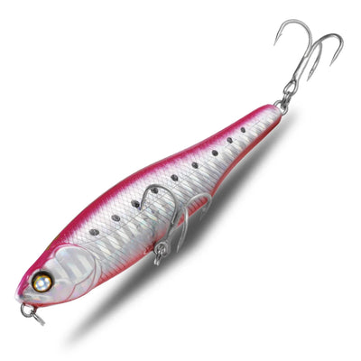 Topwater pencil fishing lure with pink and silver finish, treble hooks and split ring