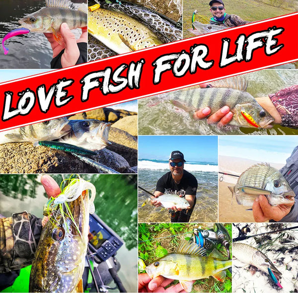 Fishing photo collage banner with “Love Fish for Life” headline