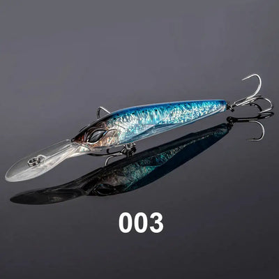 Light blue metallic trolling minnow lure with 3D eye and two treble hook sets