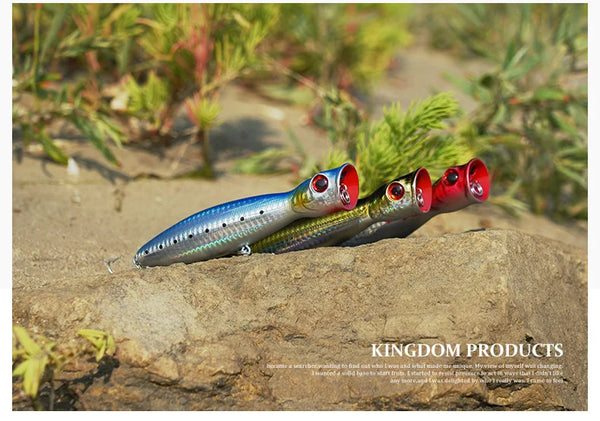 Two hard fishing lures on rocks, blue-silver bodies with red eyes and treble hooks.