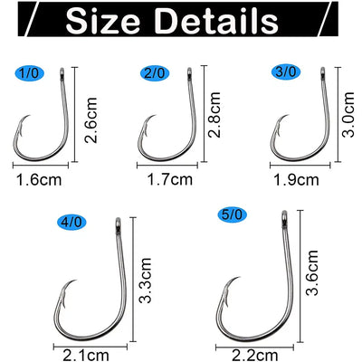 Assorted circle fishing hooks size chart, barbed, closed eye, 1/0 to 5/0