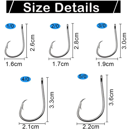 Assorted circle fishing hooks size chart, barbed, closed eye, 1/0 to 5/0