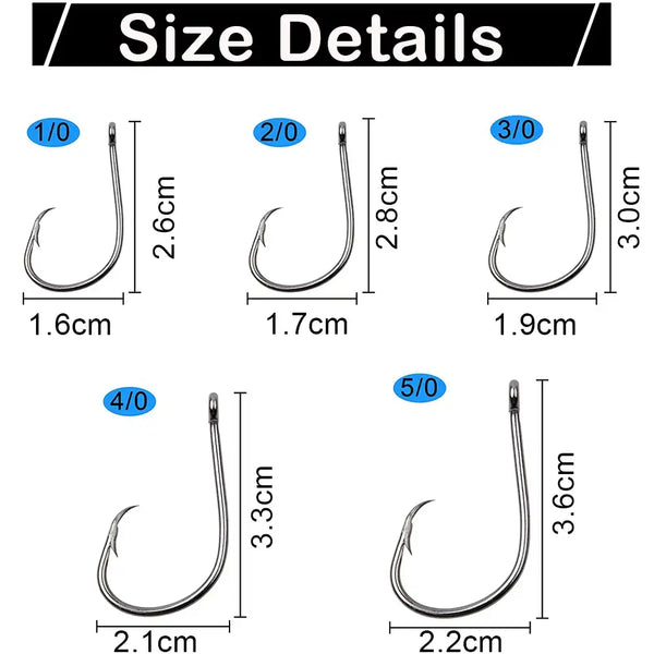Assorted circle fishing hooks size chart, barbed, closed eye, 1/0 to 5/0