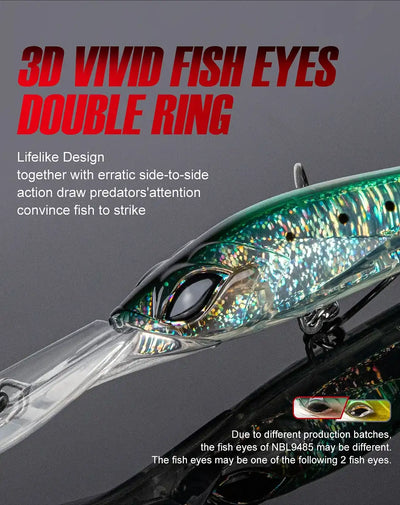 Metallic green-blue trolling minnow lure with 3D eyes and double hook rings