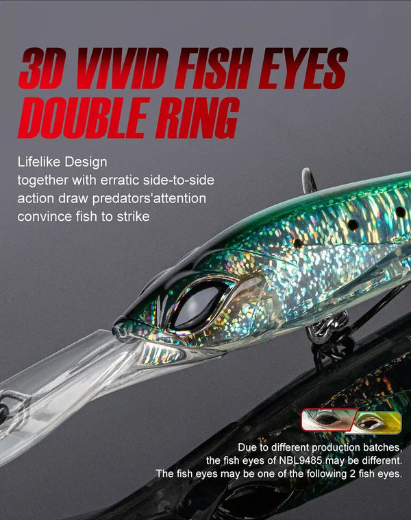 Metallic green-blue trolling minnow lure with 3D eyes and double hook rings