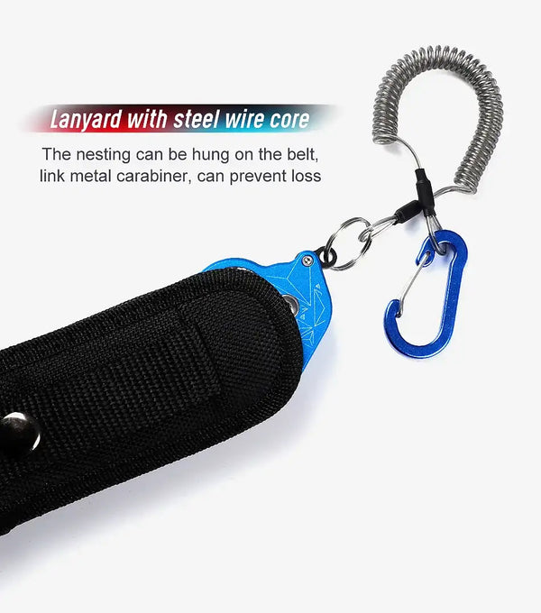 Fish lip grip lanyard with steel wire core and blue hook carabiner