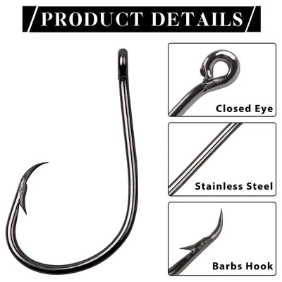 Circle fishing hook with closed eye, barbed point, stainless steel look