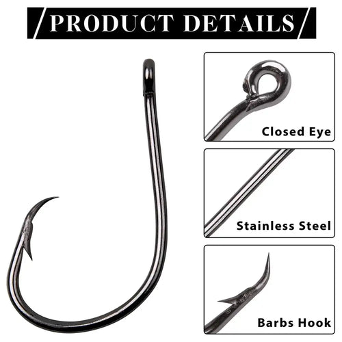 Circle fishing hook with closed eye, barbed point, stainless steel look