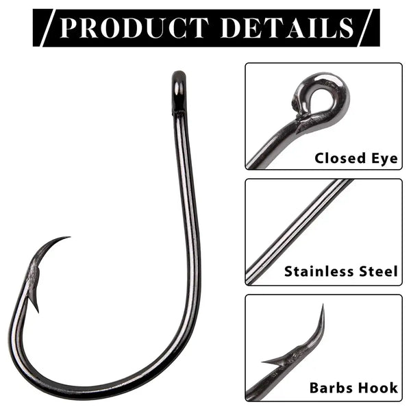 Circle fishing hook with closed eye, barbed point, stainless steel look