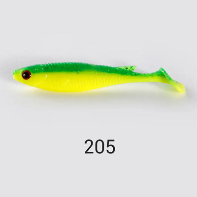 Chartreuse paddle tail swimbait with green top and translucent tail, red eye