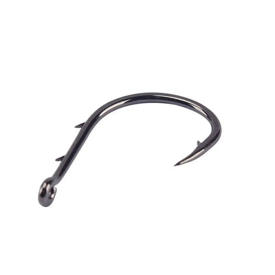 Black beak fishing hook close-up of eye and bend
