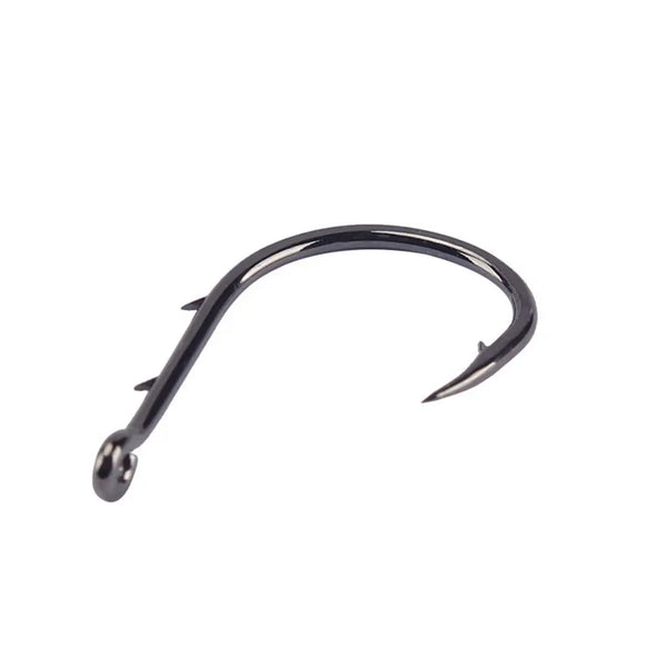 Black beak fishing hook close-up of eye and bend