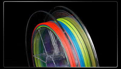 Braided PE fishing line spool display with multicolor striped line on a clear reel