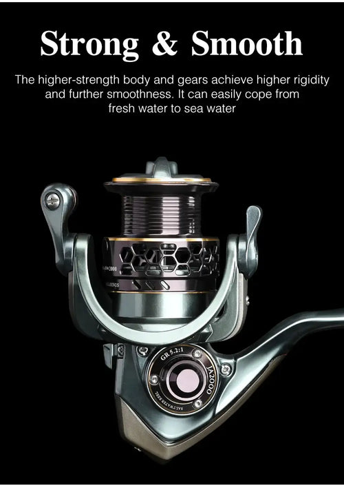 Spinning reel front view with honeycomb spool cover and gold-accented center plate