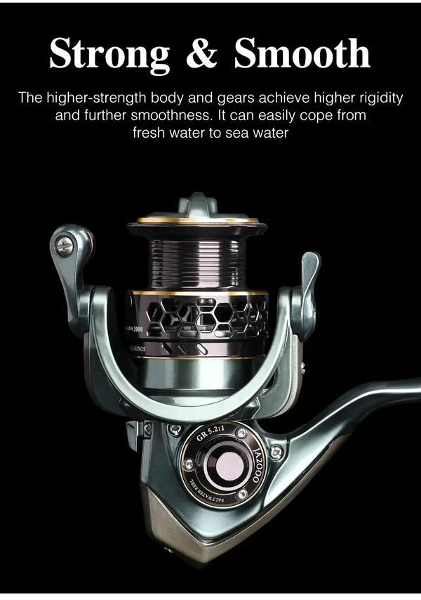 Spinning reel front view with honeycomb spool cover and gold-accented center plate