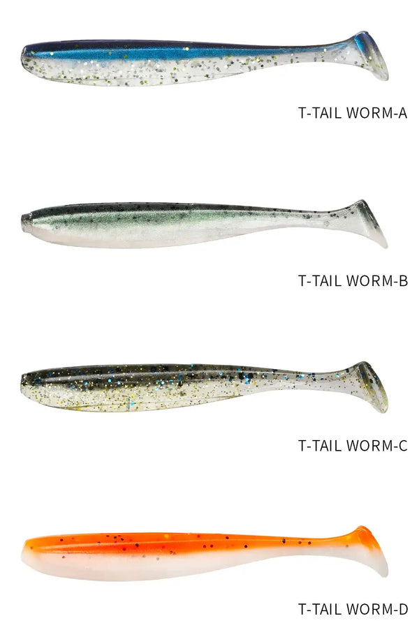 T-tail worm soft lures, four color variants: blue, gray, speckled, and orange