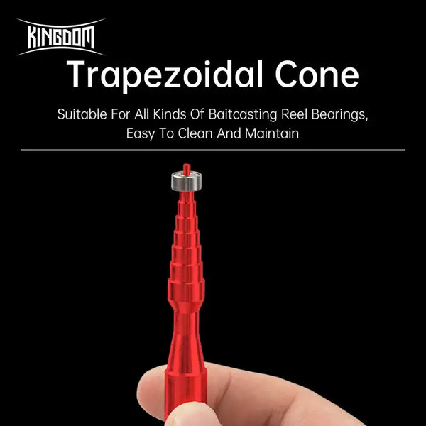 Red trapezoidal cone tool with long shaft for cleaning and maintaining reel bearings