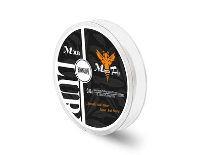 Round spool of braided PE fishing line, black label with orange logo