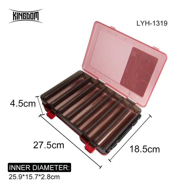 Red plastic lure storage box open, showing multiple ridged compartments