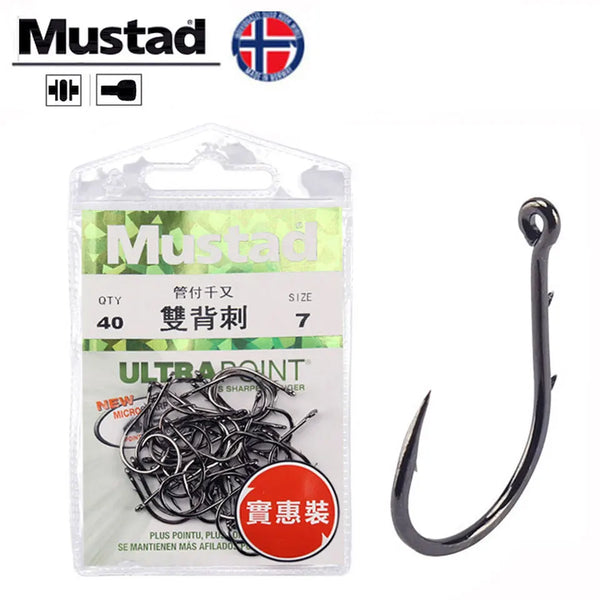 Mustad beak fishing hooks in clear pack, size 7, 40-count, black steel