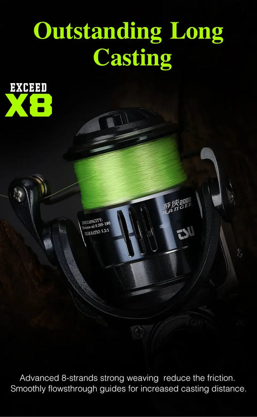 Bright green PE braided fishing line on a black spinning reel