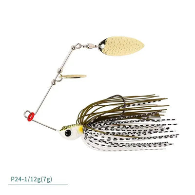 Spinner bait lure with gold blade and white-black skirt with olive highlights