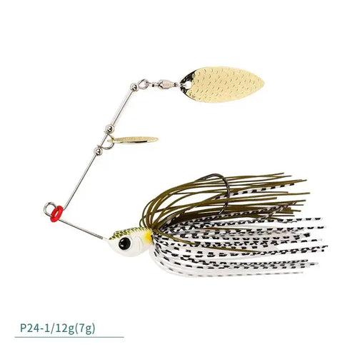 Spinner bait lure with gold blade and white-black skirt with olive highlights