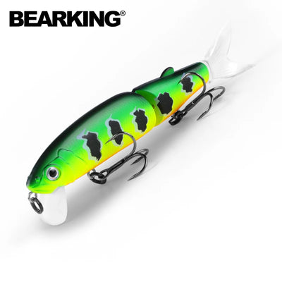 Jointed hard-body minnow lure, bright green chartreuse with black spots, 2 hooks