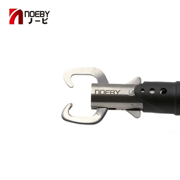 Close-up hook remover pliers with curved silver jaws and black handle grip
