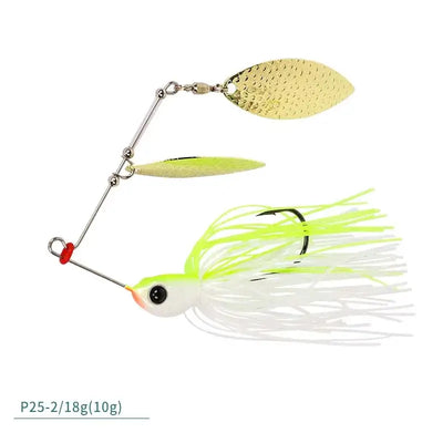 Spinner bait lure with gold blades, white skirt, and neon green accent strands