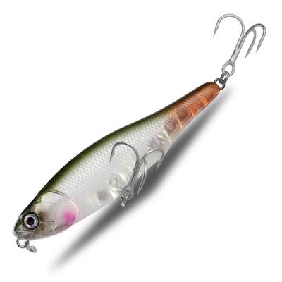 Topwater pencil fishing lure with olive-brown and silver finish, treble hooks and split ring
